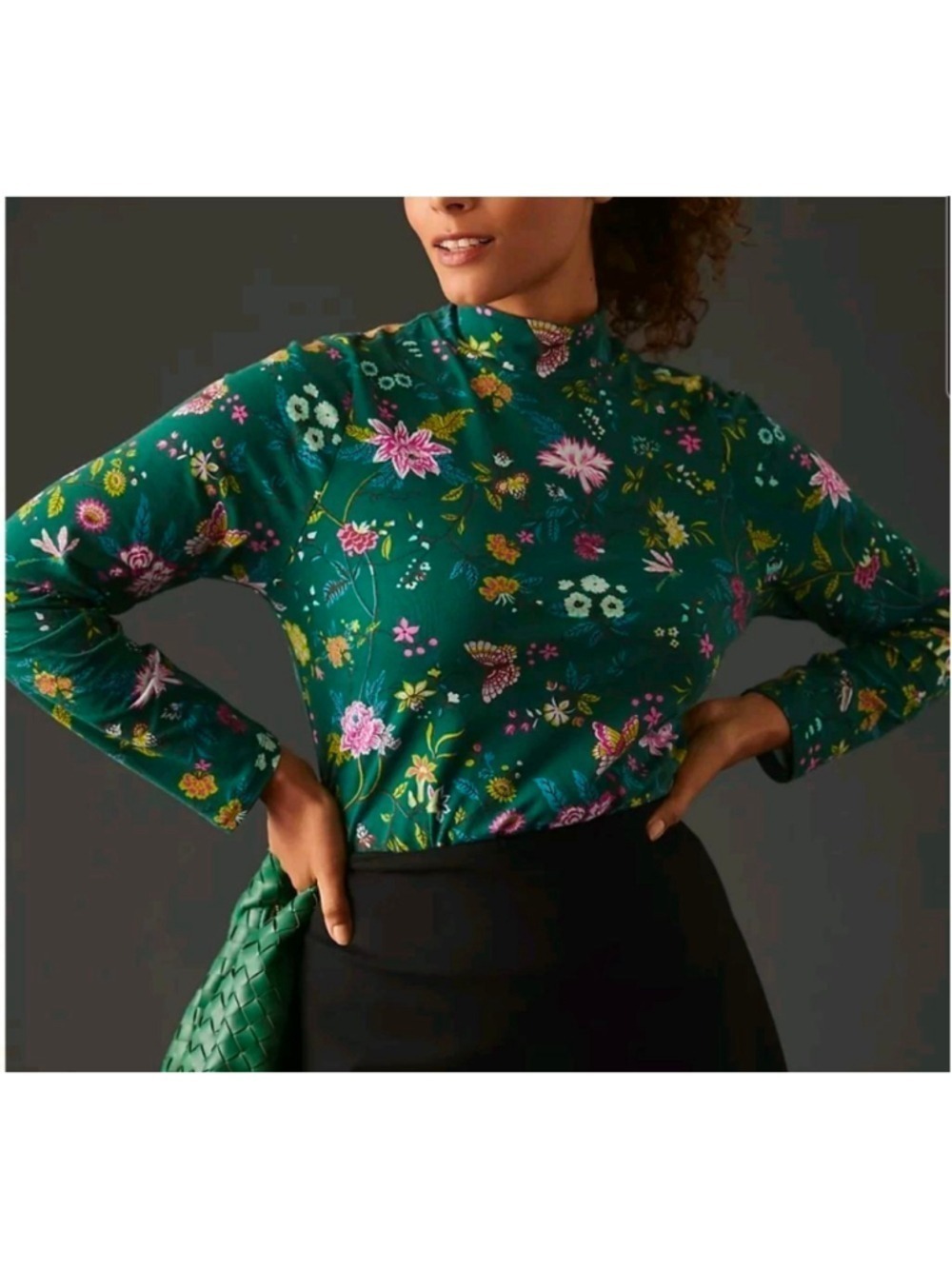 Anthropologie Maeve Printed Turtleneck Top Green Floral Sz XS